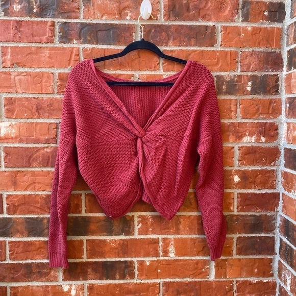 Hollister Womens Large Red Twist Back Waffle Knit Cropped Sweater - Picture 5 of 11